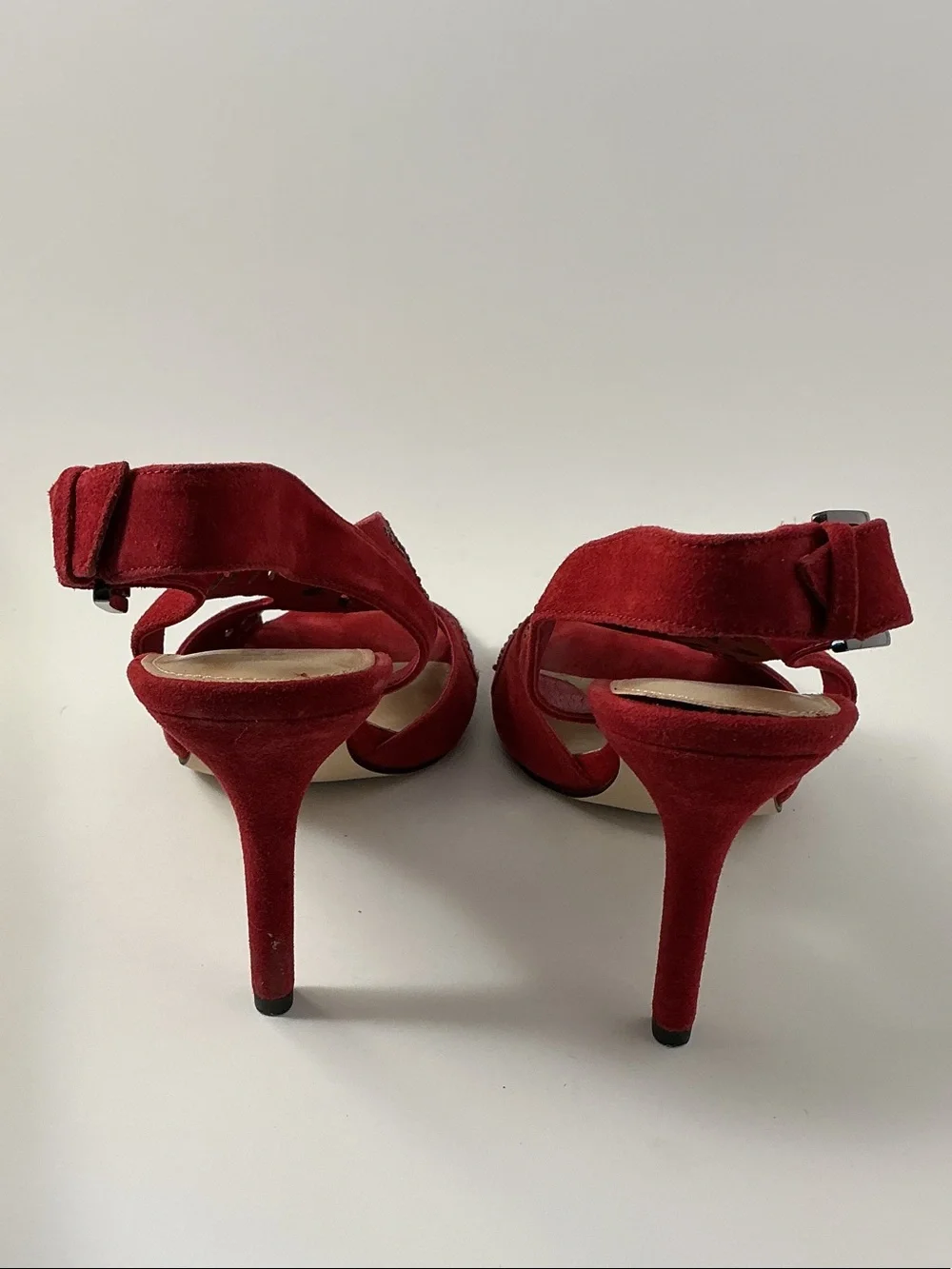 Michael Kors Red Suede Slingback Heels with Cutout & Bead Detail